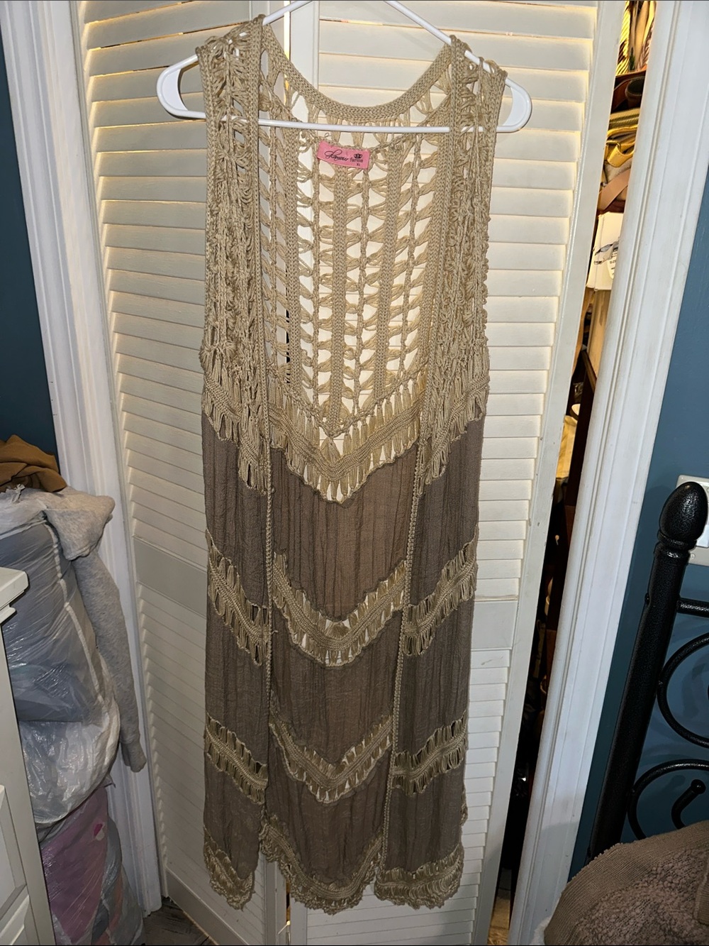 Boho Crochet Layered Kimono Cover in Taupe & Cream
